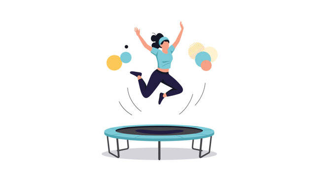 Joyful young woman jumping high on a blue trampoline against a white background with colorful abstract elements.