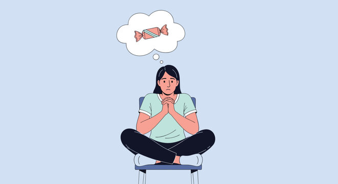 Woman sitting on the floor and daydreaming about sweets while struggling with intense food cravings or a strict nutritional diet.