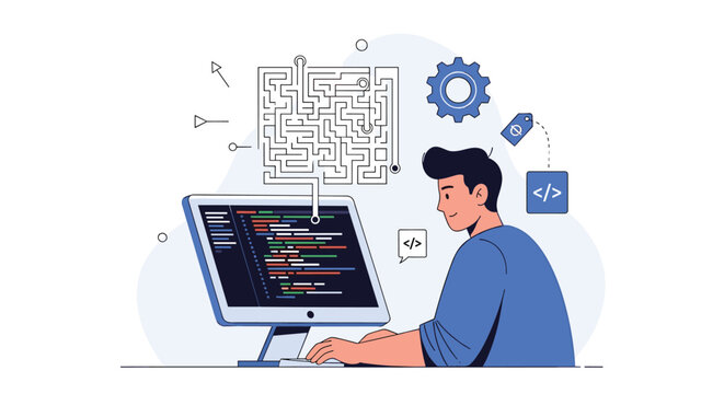 Computer programmer solving complex problems and coding software while visualizing a logic maze for system optimization.