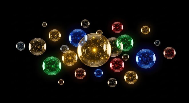 Glowing festive glass bubbles and translucent spheres float against a deep black backdrop, creating a magical celebratory holiday atmosphere, digital, celebration, orbs