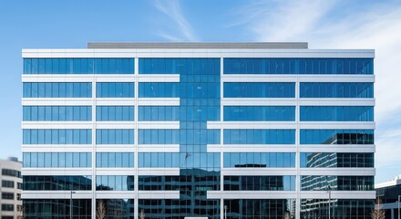 Modern office building featuring contemporary corporate architecture with large glass windows and polished steel on the exterior facade, design, company, polished © Latsamee