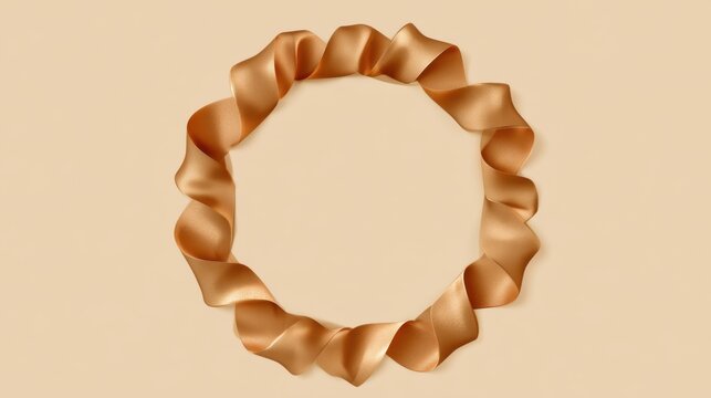 Gold satin ribbon wreath on beige, delicate ruffled loop forming circular frame, soft shadows, warm neutral backdrop, highkey studio lighting, versatile product mockup for packaging and branding,