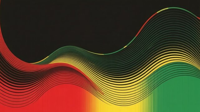 Flowing wavy lines in red, yellow, and green on a black background