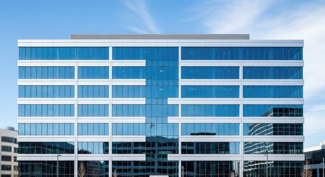 Modern office building featuring contemporary corporate architecture with large glass windows and polished steel on the exterior facade, design, company, polished