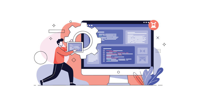 Software developer fixing website code using giant gear symbol representing system maintenance and technical optimization.