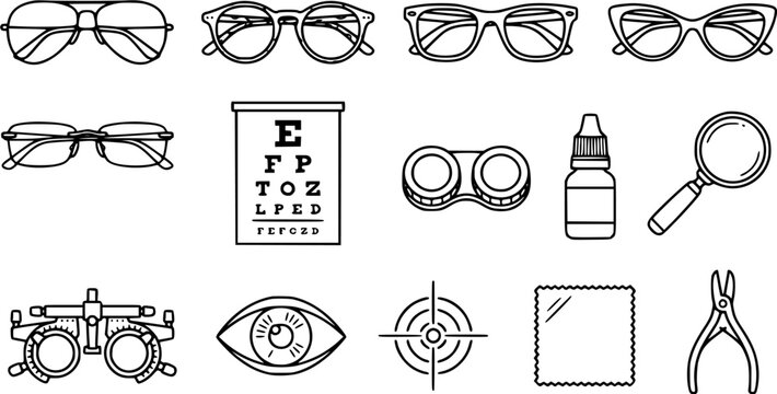 Set of ophthalmology and optometry icons including eyeglasses, eye chart, contact lenses, and vision testing equipment for eye care services.