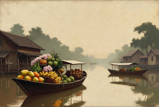 Floating Market Bounty: Boats laden with a vibrant assortment of tropical fruits and flowers drift along a serene river, surrounded by rustic stilted houses and lush greenery.