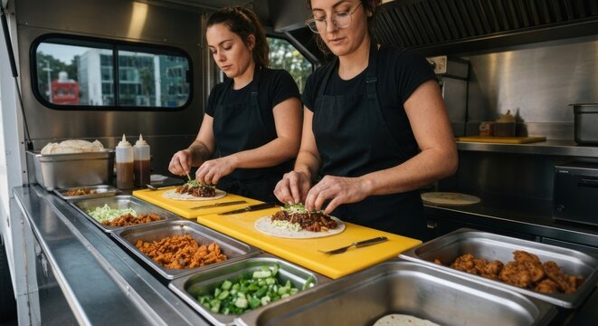 Two women preparing food inside a food truck, placing ingredients on a wrap