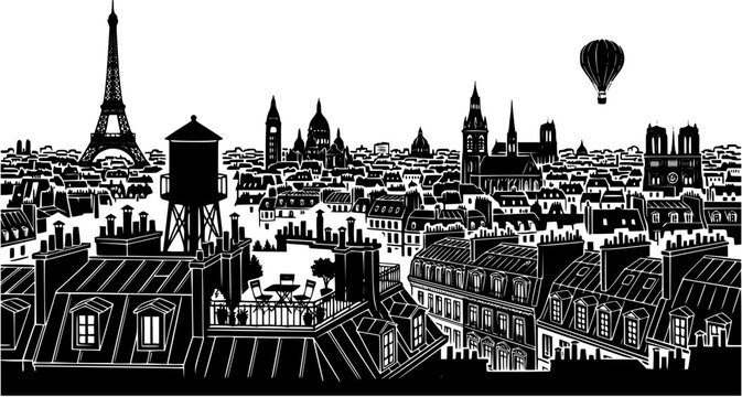 Paris city skyline silhouette featuring iconic landmarks and traditional rooftops with a hot air balloon