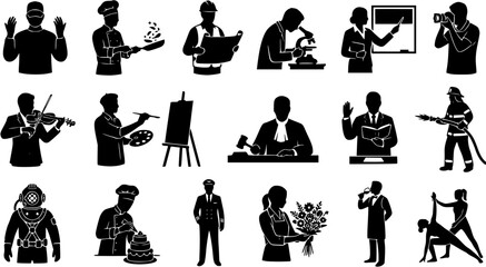 Obraz premium Set of black silhouettes of diverse professions and occupations isolated on white background.