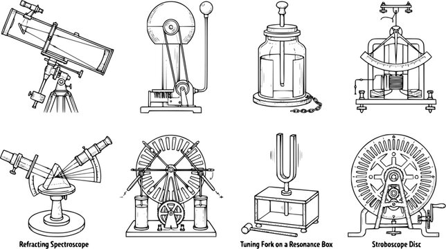 Collection of vintage physics laboratory equipment and scientific measuring instruments in line art style