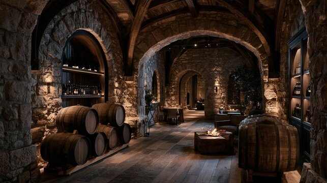 Stone arches frame a warm, dimly lit cellar