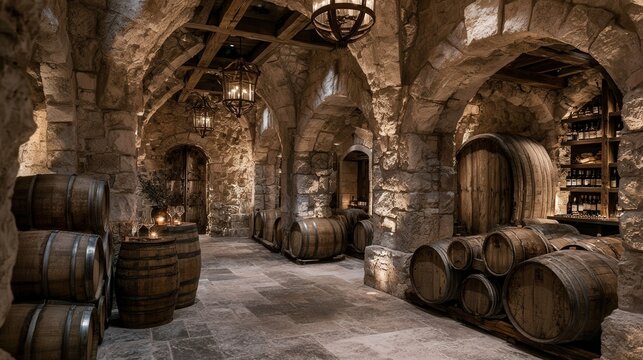 Stone arches frame ancient wine barrels