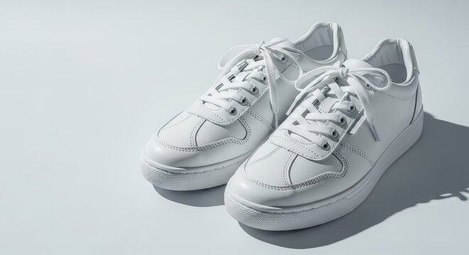 Un par de zapatillas de deporte blancas de dise&ntilde;o minimalista descansan sobre un fondo neutro y luminoso, destacando sus texturas y cordones, calzado, elegante, ligero