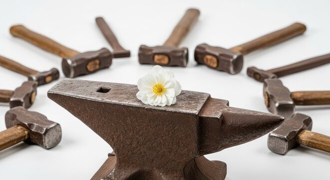 Uma flor delicada e branca repousa sobre uma bigorna de ferro antiga e enferrujada, cercada por martelos pesados e ferramentas industriais, for&ccedil;a, peso, leveza