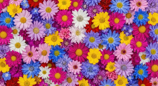 Una densa composizione di fiori misti dai colori vivaci crea un pattern naturale elegante e dettagliato, ideale per sfondi creativi e design, daisy, blue, pattern