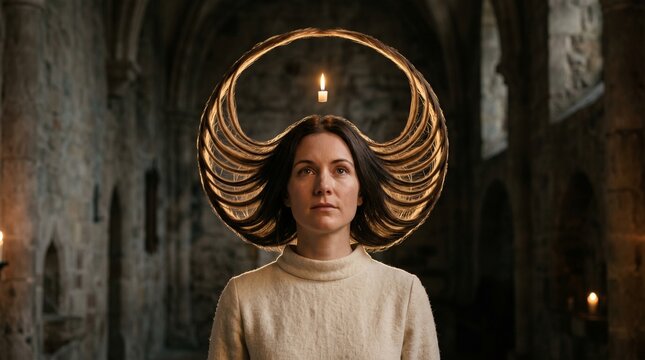 A woman whose hair forms a perfect circle behind her head like a halo, each strand curved precisely