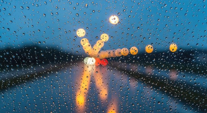 Ventana de veh&iacute;culo cubierta de gotas de lluvia cristalinas mientras se vislumbra una carretera borrosa con luces amarillas en el atardecer, moisture, trip, bokeh