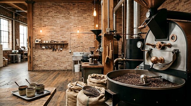Traditional coffee roasting process in rustic brick workshop with vintage equipment