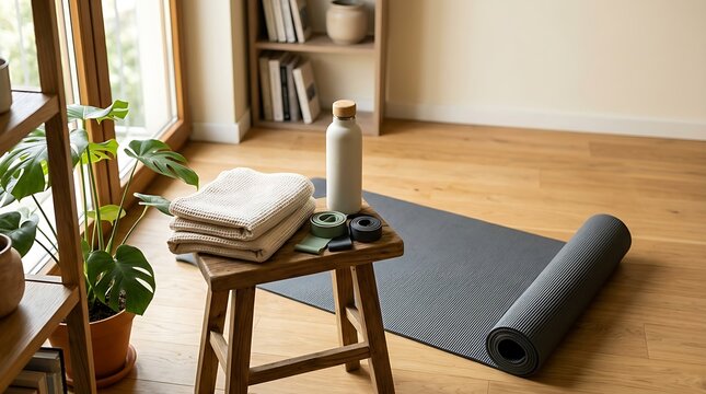 Morning workout preparation with yoga mat and water bottle on wooden stool by window