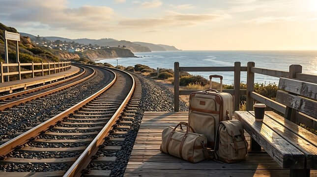 Sunset coastal railway track with vintage luggage at empty seaside station platform