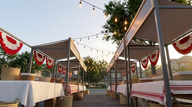 Outdoor community food festival setup with long tables and red white decorations under canopy tents