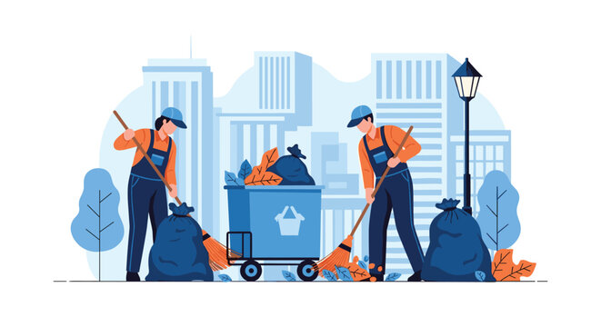 Pair of sanitation workers in uniforms sweep a city street with brooms and fill large blue trash bags next to a wheeled garbage bin.