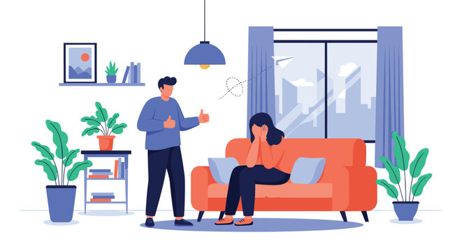 Concerned man gives a thumbs up and tries to support a stressed woman sitting on a sofa and covering her face with her hands.