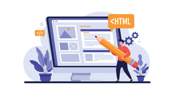 Small man uses a giant pencil to edit a web page on a large computer monitor with coding elements and plants in the background.