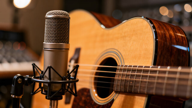 singer. Close-up of a studio microphone and acoustic guitar in warm ambient light with a softly blurred background. safety posters.