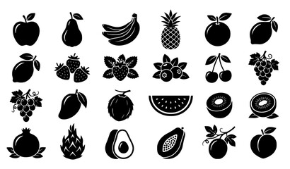Fruit silhouette vector collection with apples pears bananas pineapples berries and tropical fruits isolated on white background © abdul