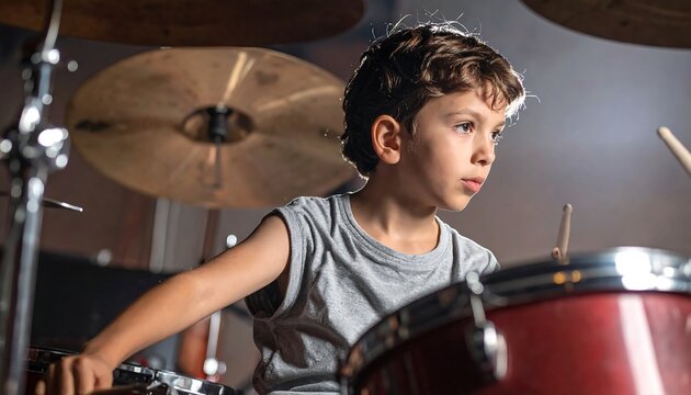 Focused Young Boy Playing Drum Set in Indoor Music Studio