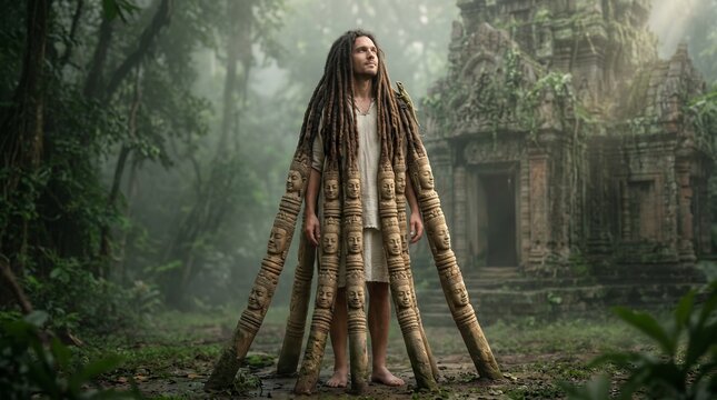 A man with dreadlocks that become columns of an ancient temple, carved with tiny faces