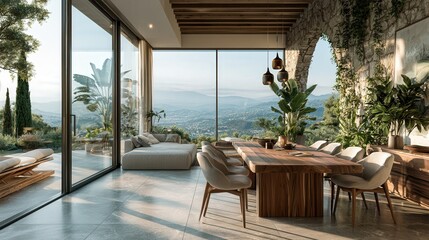 Fototapeta premium Glass doors open to sweeping mountain views