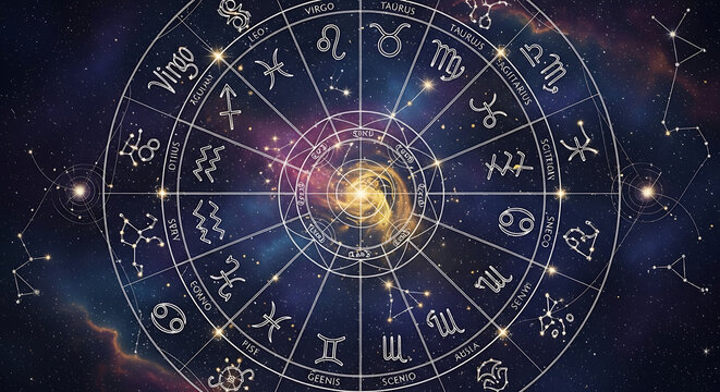 Astrology chart with zodiac signs and celestial patterns