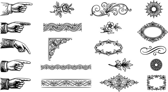 Set of vintage engraving style pointing hands, floral flourishes and decorative Victorian ornaments isolated on white background.