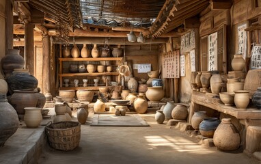 Fototapeta premium Traditional Korean Pottery Workshop and Kiln with Various Ceramic Artifacts and Crafts