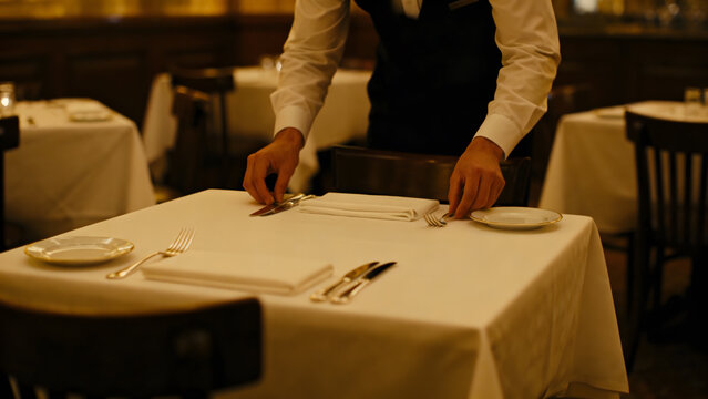 restaurateur. A restaurateur checking a set table in an empty dining room. pitch deck slides, case study pages, designed for corporate presentation decks and stakeholder reports.