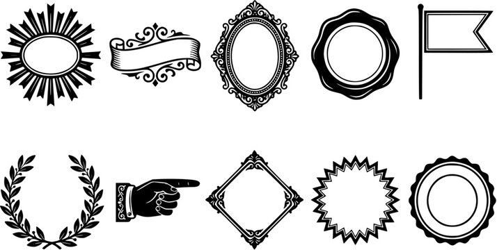 Set of decorative vintage design elements including frames, banners, laurel wreath, and pointer hand icon