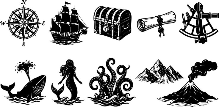 Set of nautical adventure and maritime exploration icons featuring a ship, treasure chest, sea monsters, and vintage navigation tools.
