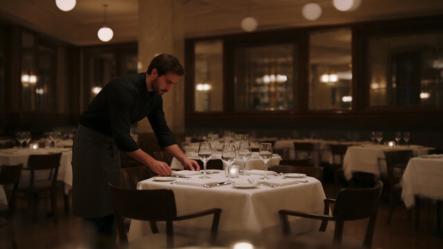 restaurateur. A restaurateur checking a set table in an empty dining room. pitch deck slides, case study pages, designed for corporate presentation decks and stakeholder reports.