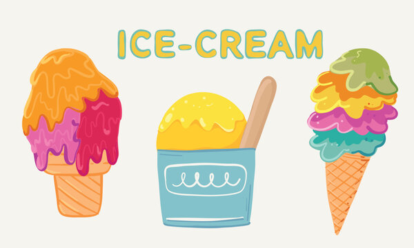 Colorful Ice Cream Set with Cones and Cup in Playful Style. Perfect fo