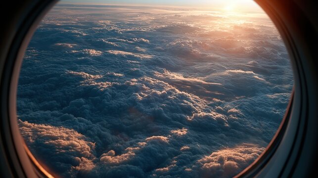 Sun glows behind cloud layer, viewed through airplane window