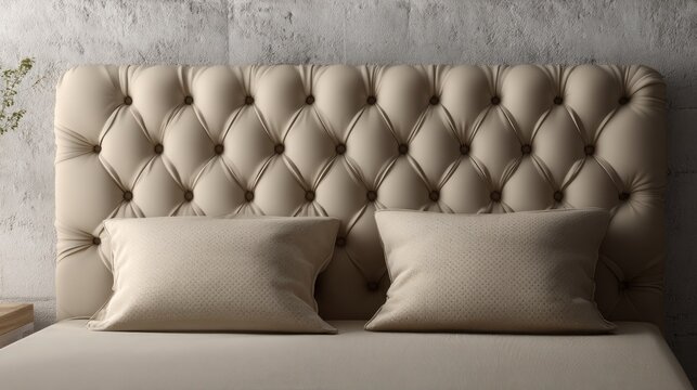 Luxurious upholstered headboard with decorative buttons dominates a softly lit bedroom setting.