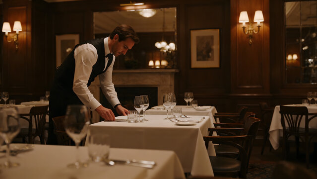 restaurateur. A restaurateur checking a set table in an empty dining room. pitch deck slides, case study pages, designed for corporate presentation decks and stakeholder reports.