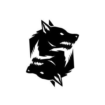 Black silhouette of a snarling wolf with sharp teeth and pointed ears, two fish below