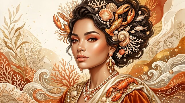 Ocean Goddess Portrait with Ornate Coral and Shell Hair Accessories