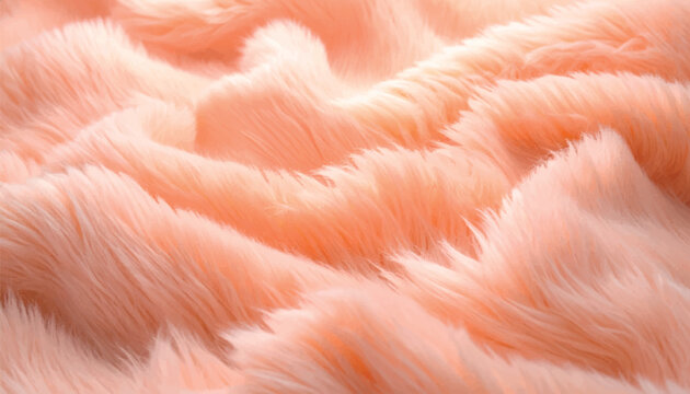 Luxury peach fur vector background. Elegant coral fluffy texture with soft wavy hair and realistic shading. Warm somon fleece pattern for cozy chic designs, fashion textiles, and stylish backdrops.