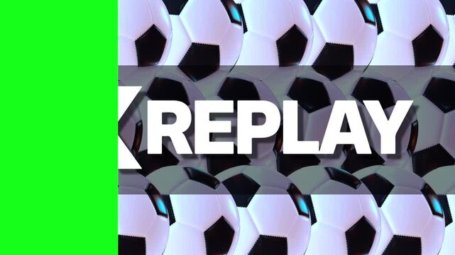 Dynamic soccer football transition with replay branding, designed for seamless keying in professional sports video production and post-processing.  Ideal for highlight reels, score updates, and sport 
