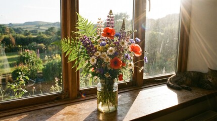 Fototapeta premium A vibrant bouquet of freshly picked wildflowers including red poppies and green ferns sits in a glass jar upon a sunlit wooden window sill at home